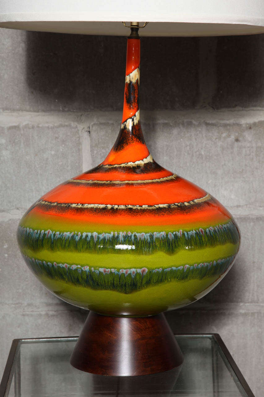 Mid-Century Modern Pair of Horizontal Stripe Ceramic Table Lamps