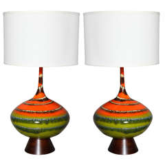Pair of Horizontal Stripe Ceramic Table Lamps