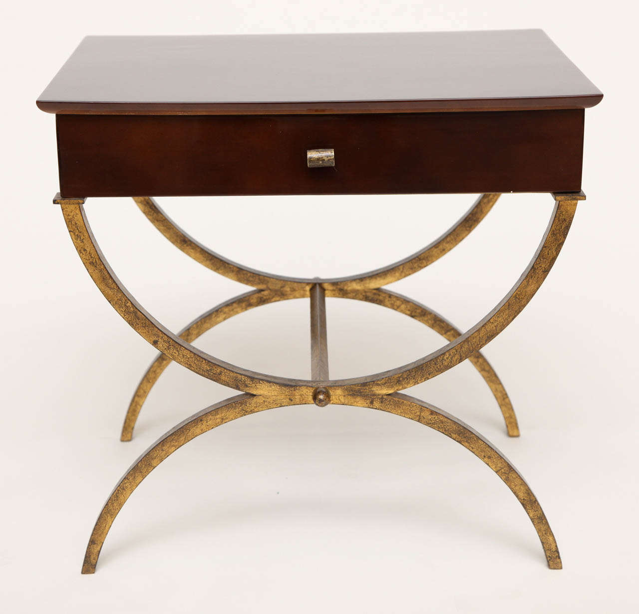 Brown lacquered side table with a gilt wrought-iron base