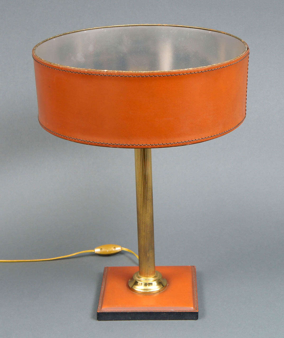 French Leather and Brass Table Lamp with Leather Shade