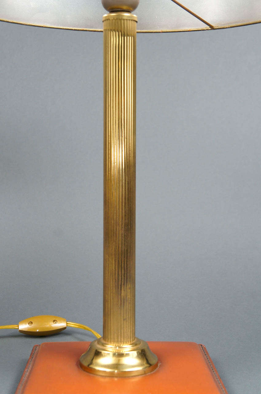 Leather and Brass Table Lamp with Leather Shade 2