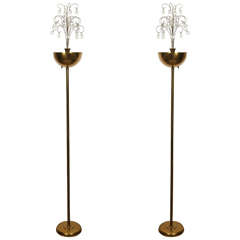 Pair of Fabulous Brass Torcheres Set with a Spray of Small Crystal Balls