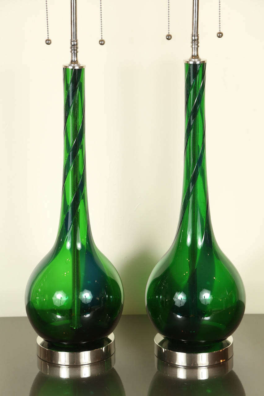 Italian Pair of Emerald Blown Glass Table Lamps