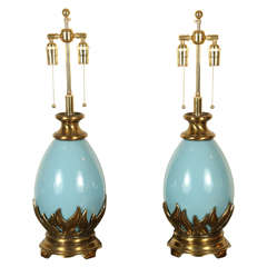 Wonderful Pair Of Brass And Ceramic Egg Shaped Lamps