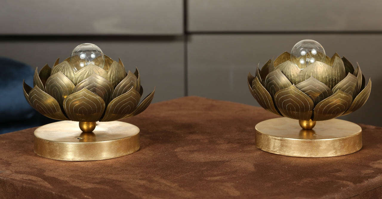 Pair Of Charming Lotus Plant Brass Sconces