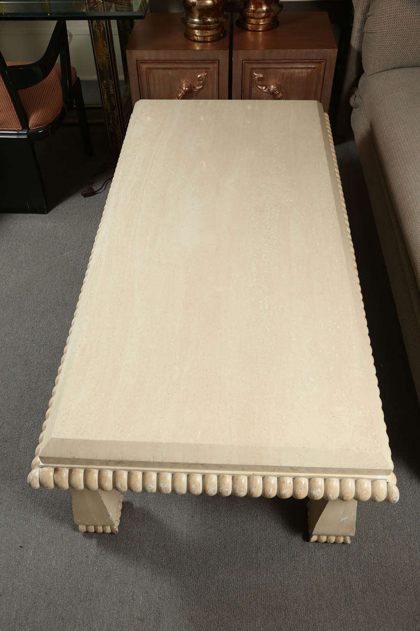 Carved Wood and Polished Travertine Coffee Table by Kreiss at 1stDibs