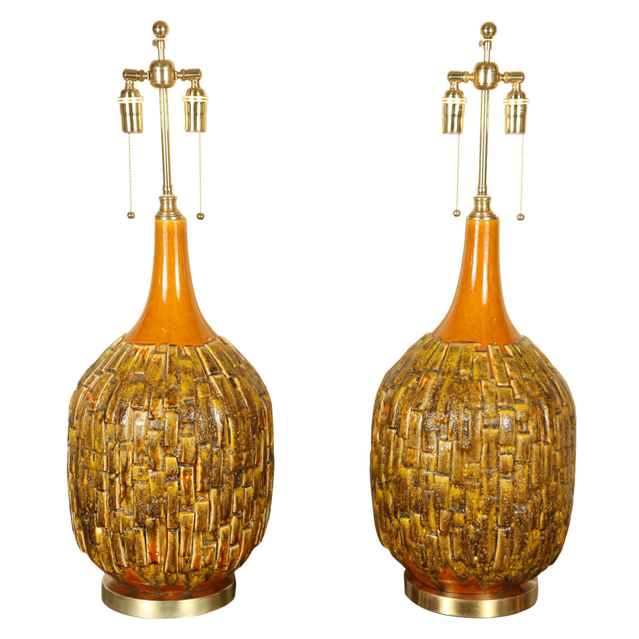 A Stylish Pair of American Ivory Ceramic Lamps with Gilt Circles at 1stDibs