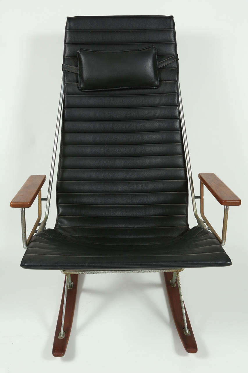 Chrome, wood and black naughahyde rockers with original head rests by Gerald McCabe for Brown Saltman. 1962.