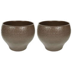 Pair of Dark Olive Glaze, Circle Texture, Pro Artisan Pots by David Cressey