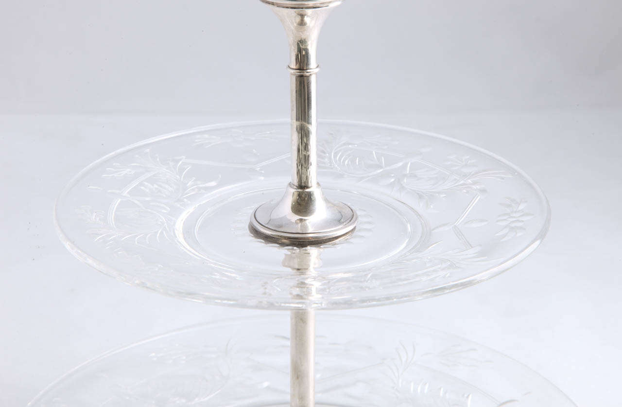 Edwardian Hawkes Sterling Silver-Mounted Crystal Double Tiered Serving Stand