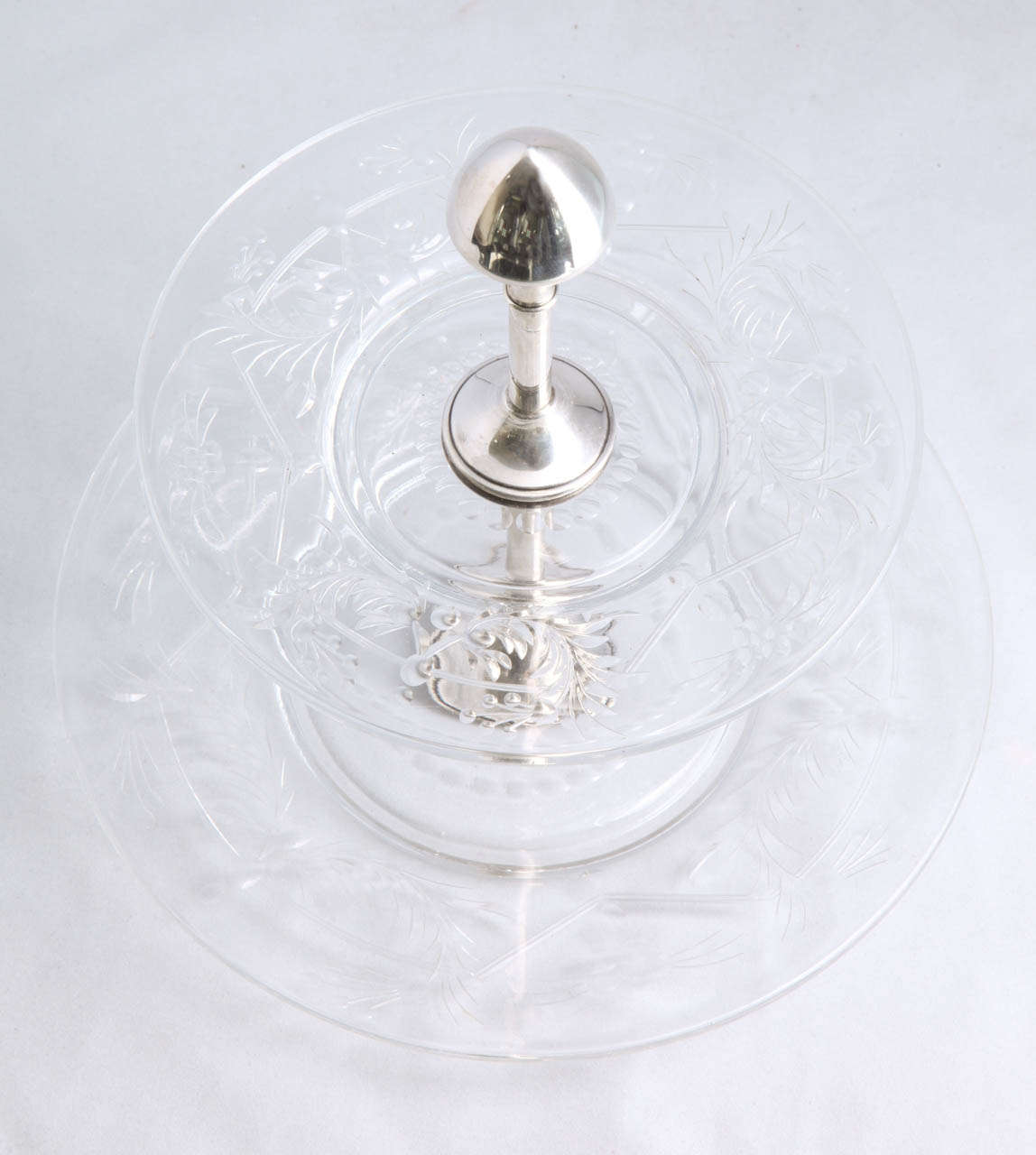 20th Century Hawkes Sterling Silver-Mounted Crystal Double Tiered Serving Stand