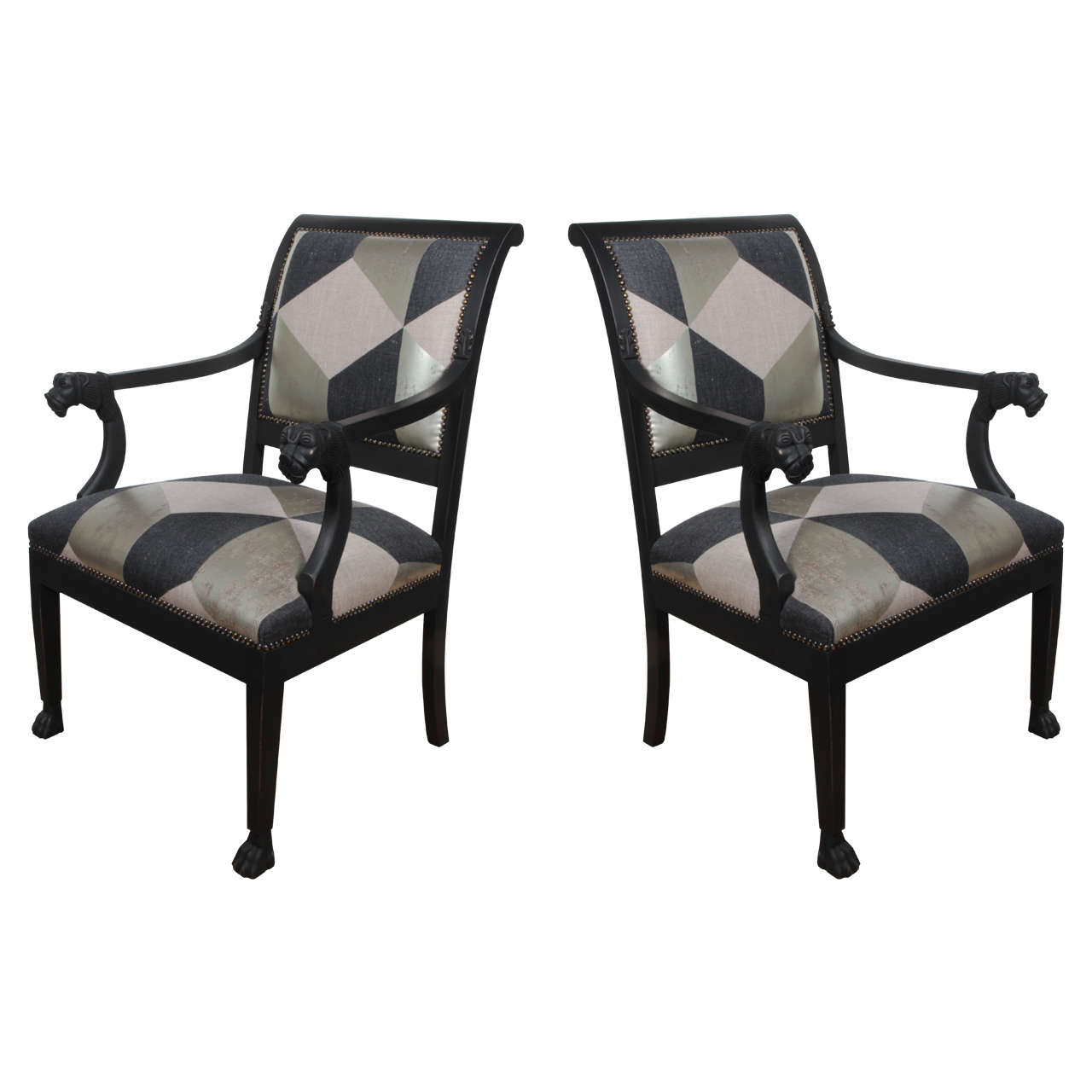 Black Bergeres with Black and Silver Upholstery