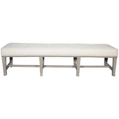 Oak Bench Upholstered in White Linen
