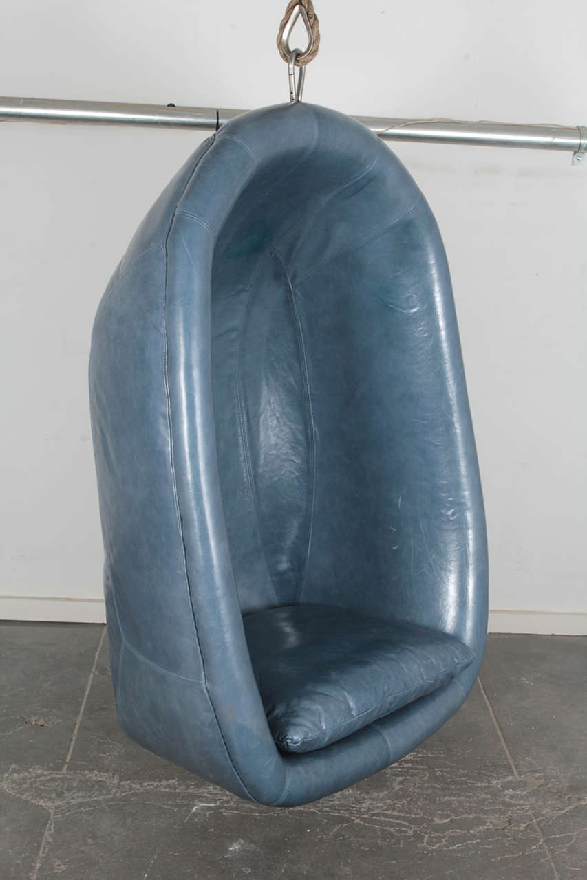 Custom Blue Leather Hanging Egg Chair