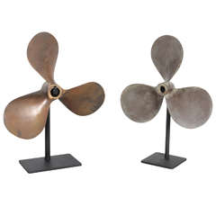 Pair of Vintage Patinated Brass Boat Propellers on Stands