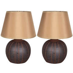 Pair of Northern California Carved Pottery Table Lamps