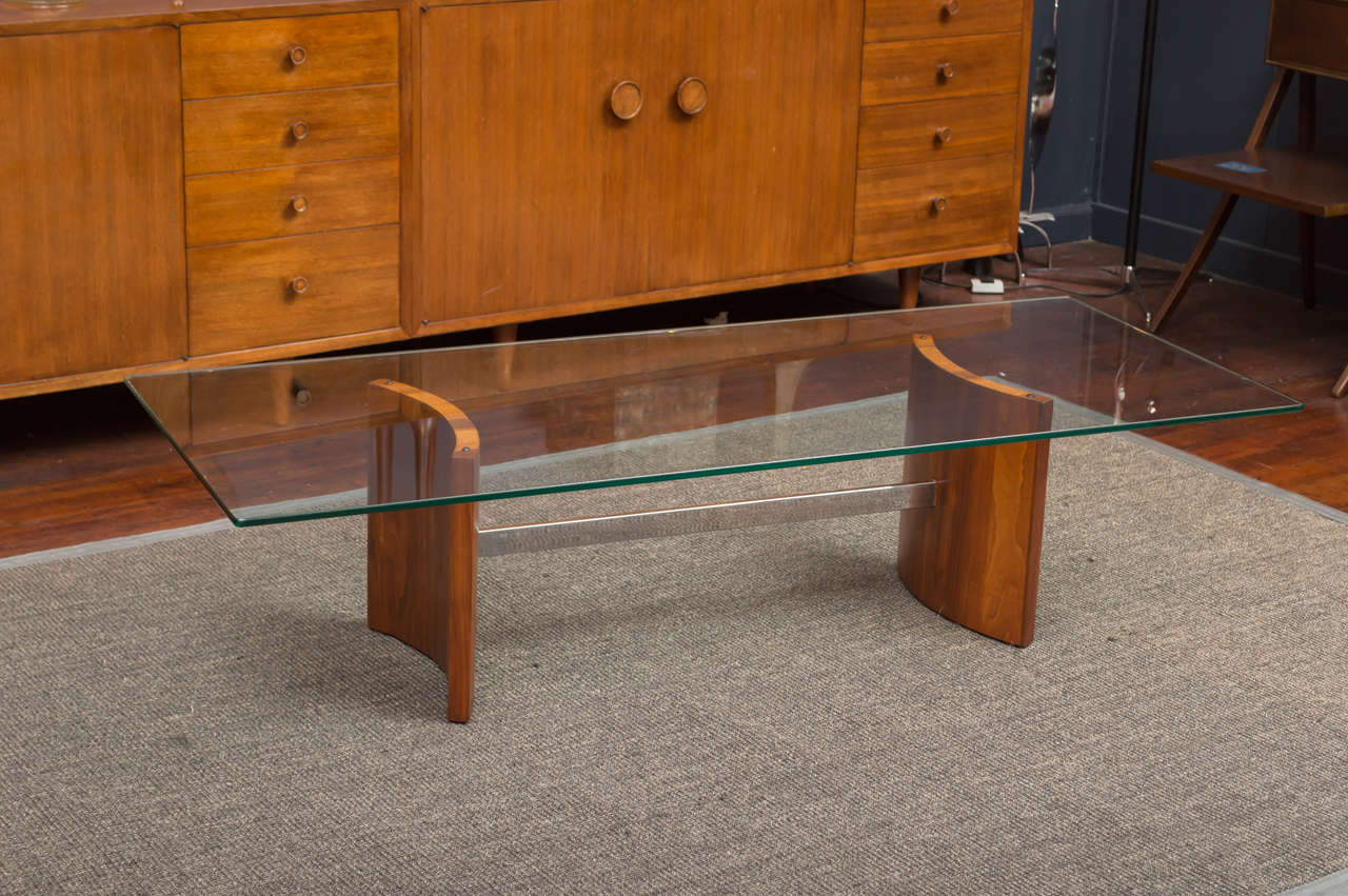 Sculpted walnut with a polished chrome support, refinished with original glass top.