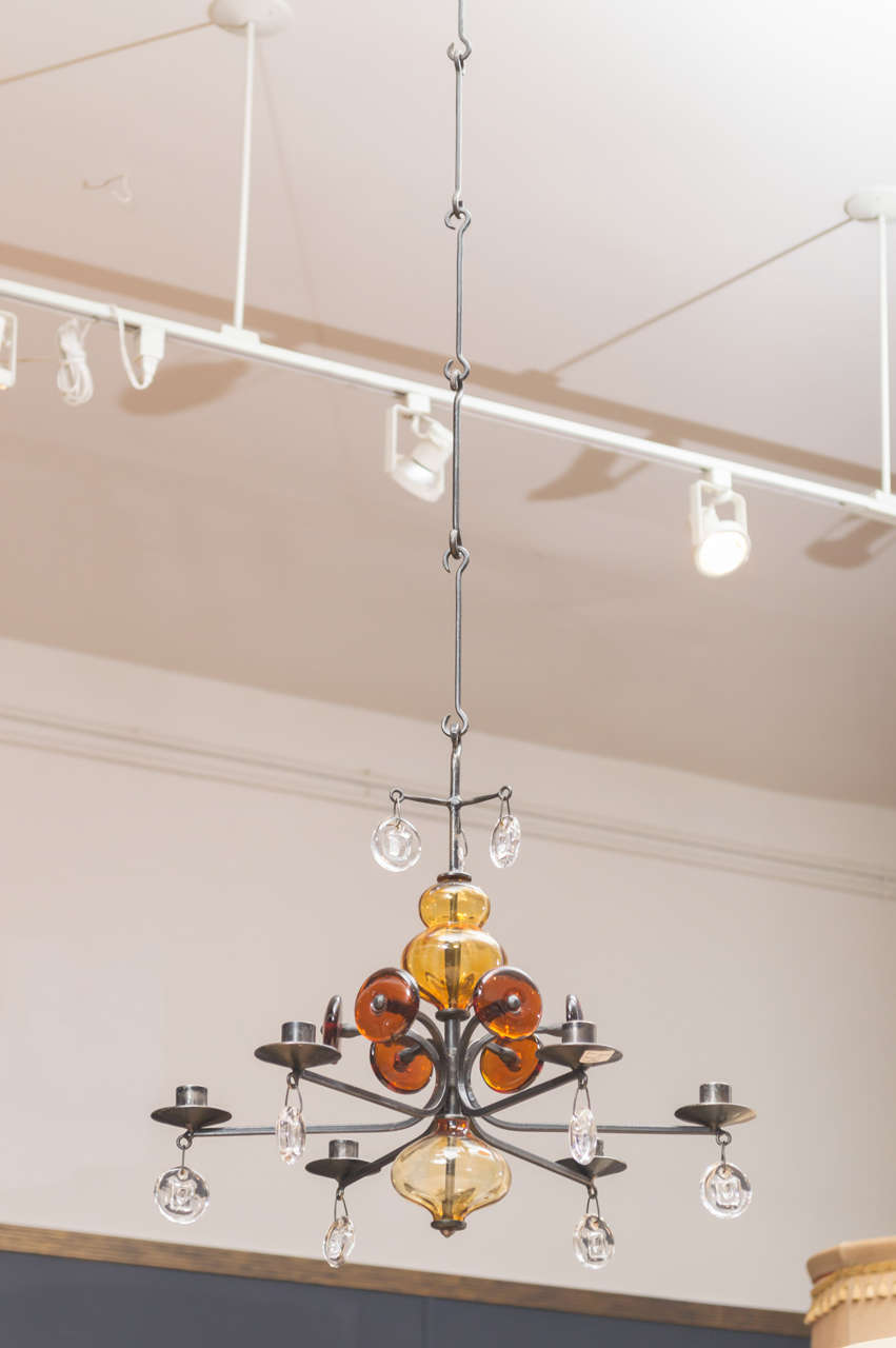 Danish design six-light chandelier in hammered steel and blown glass. Designed by Erik Hoglund in excellent original condition.
