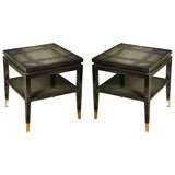Pair of Ebonized Wood and Brass Inlay Tables by Lane