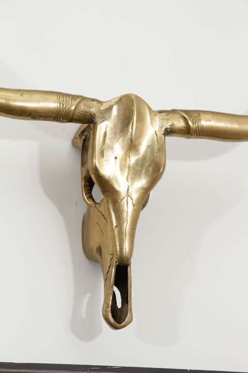 A brass wall sculpture of a longhorn skull