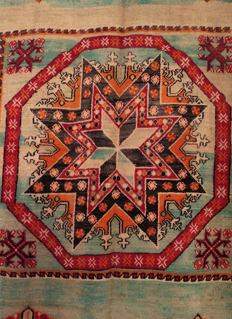 Tribal Vintage Aqua Green Moroccan Star Octagon Wool Rug, 1930's