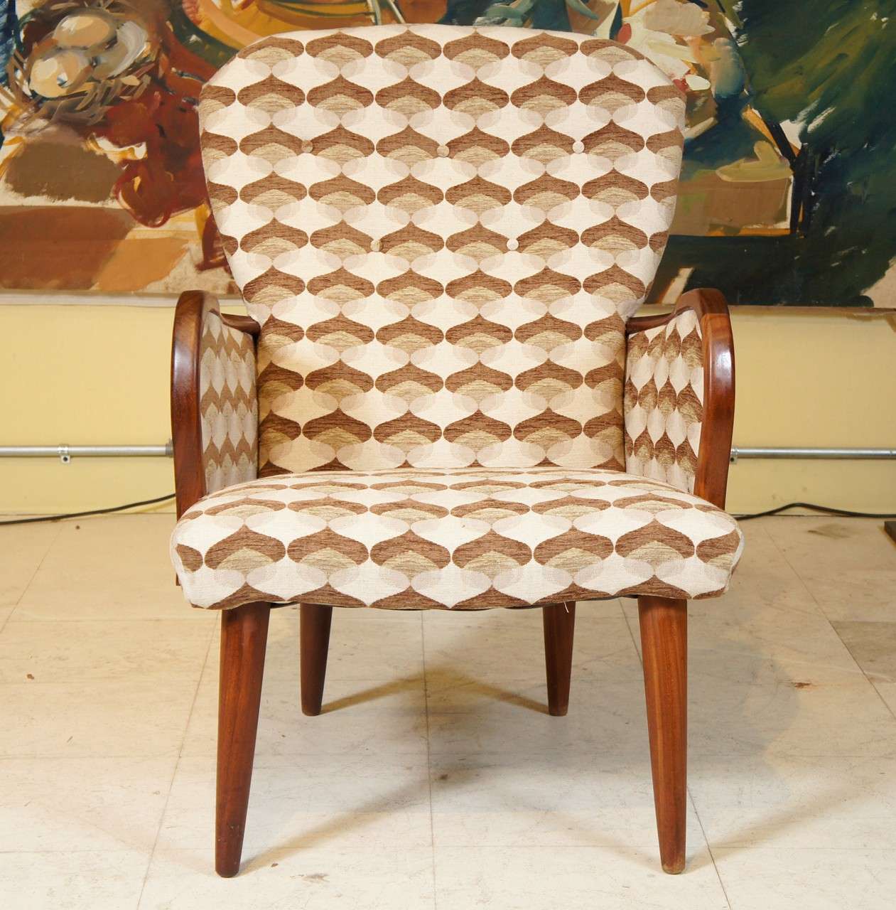 Single armchair in with walnut frame and arms, Danish mid-century modern newly upholstered in period fabric   