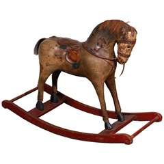 Antique Continental Leather and Horse Hair Rocking Horse