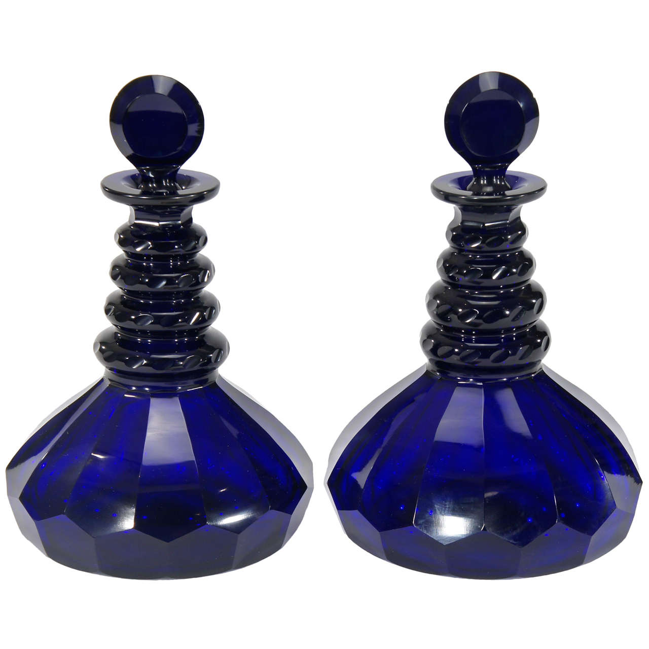 Pair of Hand Blown Cobalt Crystal "Ship Decanters"