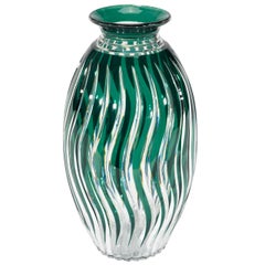 Monumental Val St. Lambert Hand Blown Crystal Art Deco Green Cut to Clear Vase