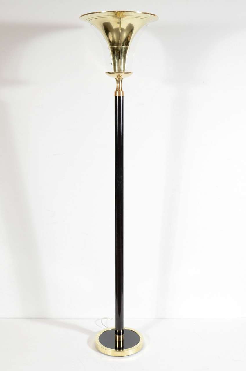 Art Deco Brass &  Enamel Torchiere with Lucite Accents