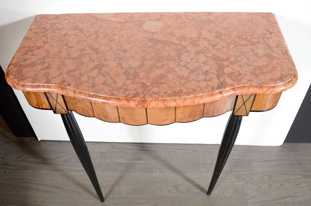 Elm Art Deco Exotic Marble Top Console Table In The Manner of Ruhlmann