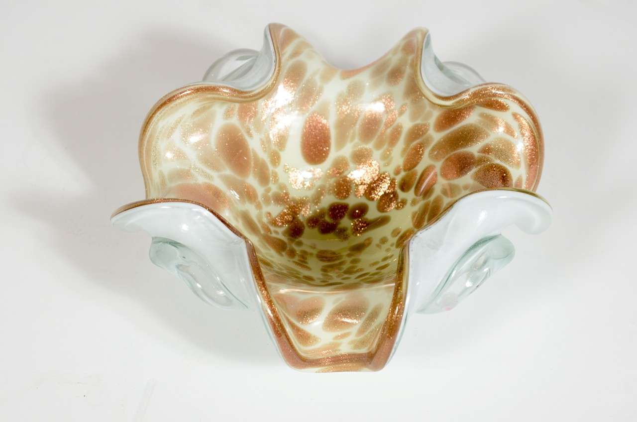 Mid-Century Modern Mid-Century Murano Glass Bowl with Scalloped Edges & 24K Gold Flecks