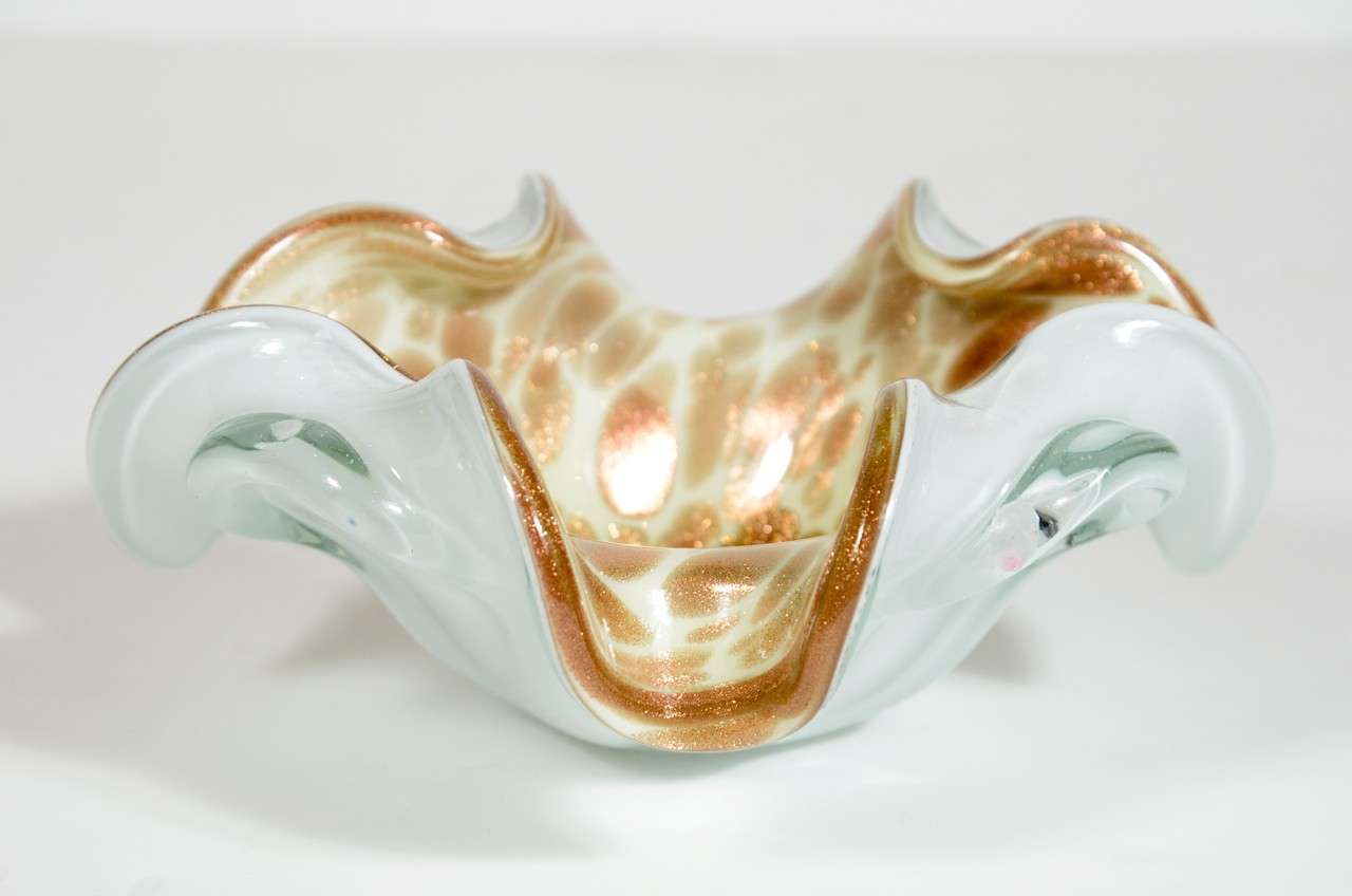 Italian Mid-Century Murano Glass Bowl with Scalloped Edges & 24K Gold Flecks