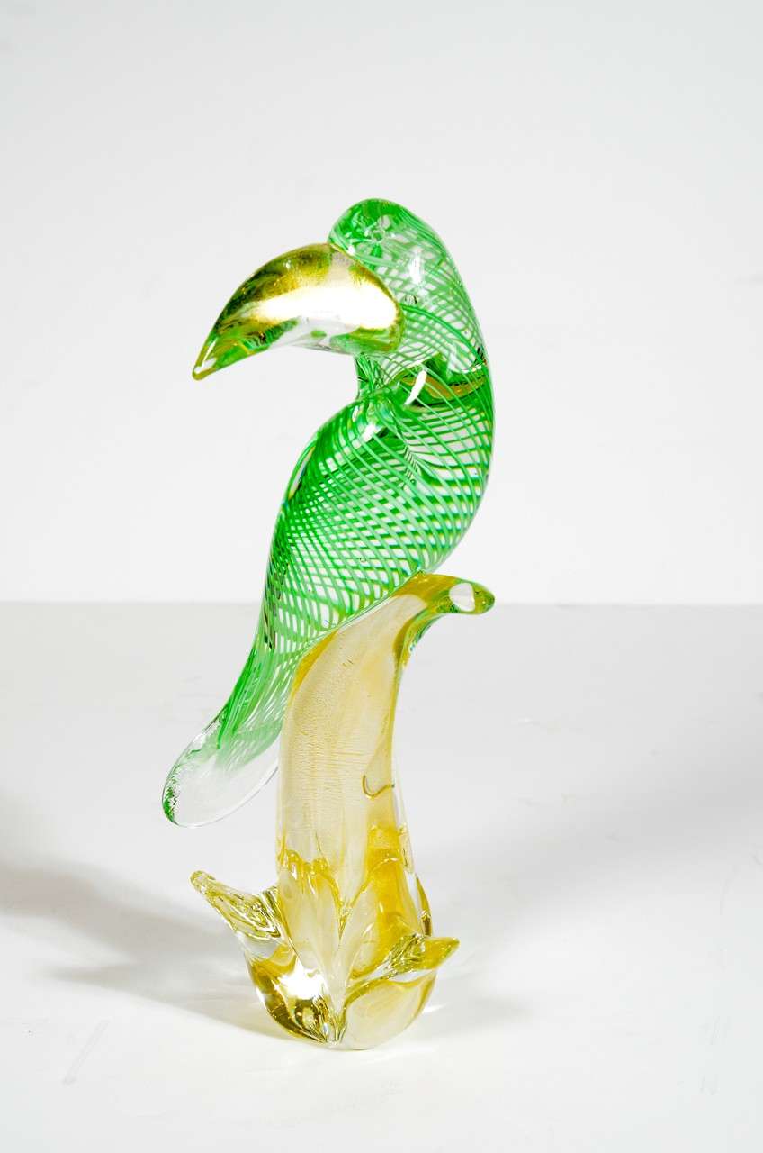 Mid-Century Modern Spectacular Hand Blown Murano Glass Bird with 24K Gold Flecks