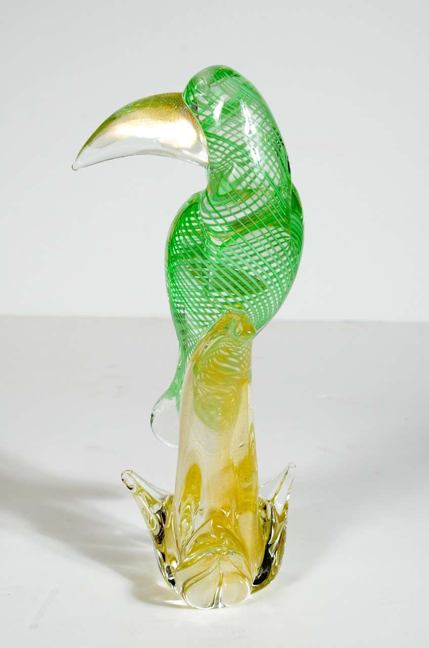 20th Century Spectacular Hand Blown Murano Glass Bird with 24K Gold Flecks
