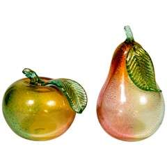 Pair of Hand Blown Murano Glass Pear and Peach with 24K Gold Flecks
