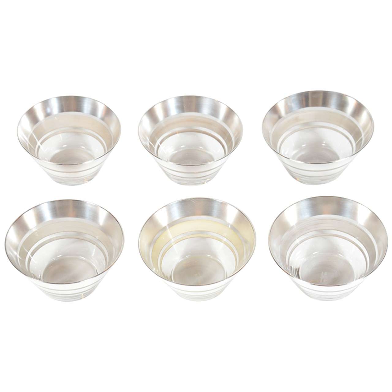 Set of Twelve Art Deco Glass Dessert Bowls with Concentric Sterling Silver Bands