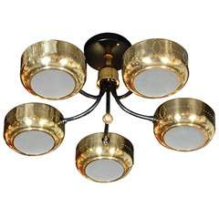  Brass and Black Enamel Flush Mount Chandelier  In the Manner of Paavo Tynell