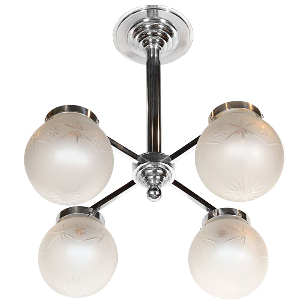 Art Deco Machine Age Chandelier with Frosted & Etched Globes