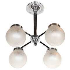 Art Deco Machine Age Chandelier with Frosted & Etched Globes