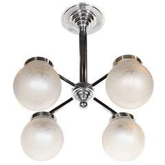 Art Deco Machine Age Chandelier with Frosted 
Etched Globes