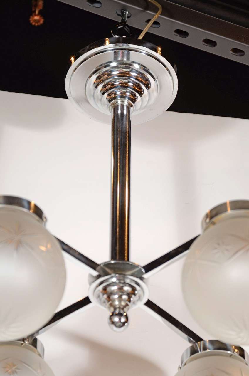 French Art Deco Machine Age Chandelier with Frosted & Etched Globes