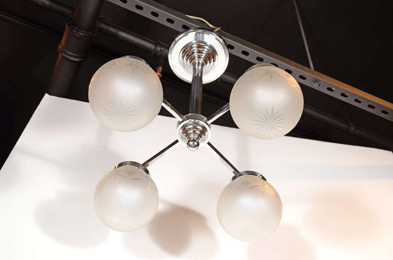 Art Deco Machine Age Chandelier with Frosted & Etched Globes In Excellent Condition In New York, NY