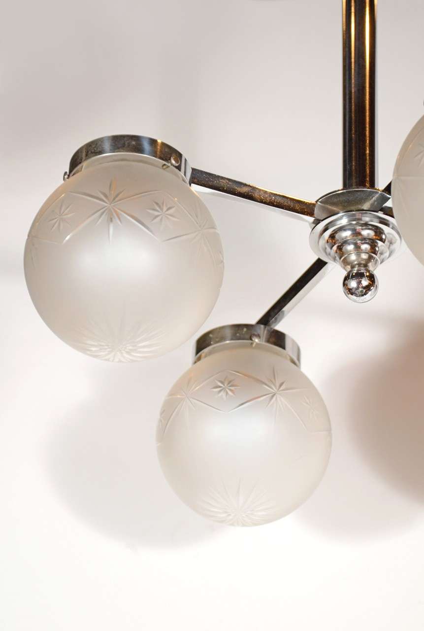 Mid-20th Century Art Deco Machine Age Chandelier with Frosted & Etched Globes