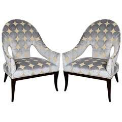 Pair of Modernist Spoon Back Arm Chairs in Gauffraged Velvet