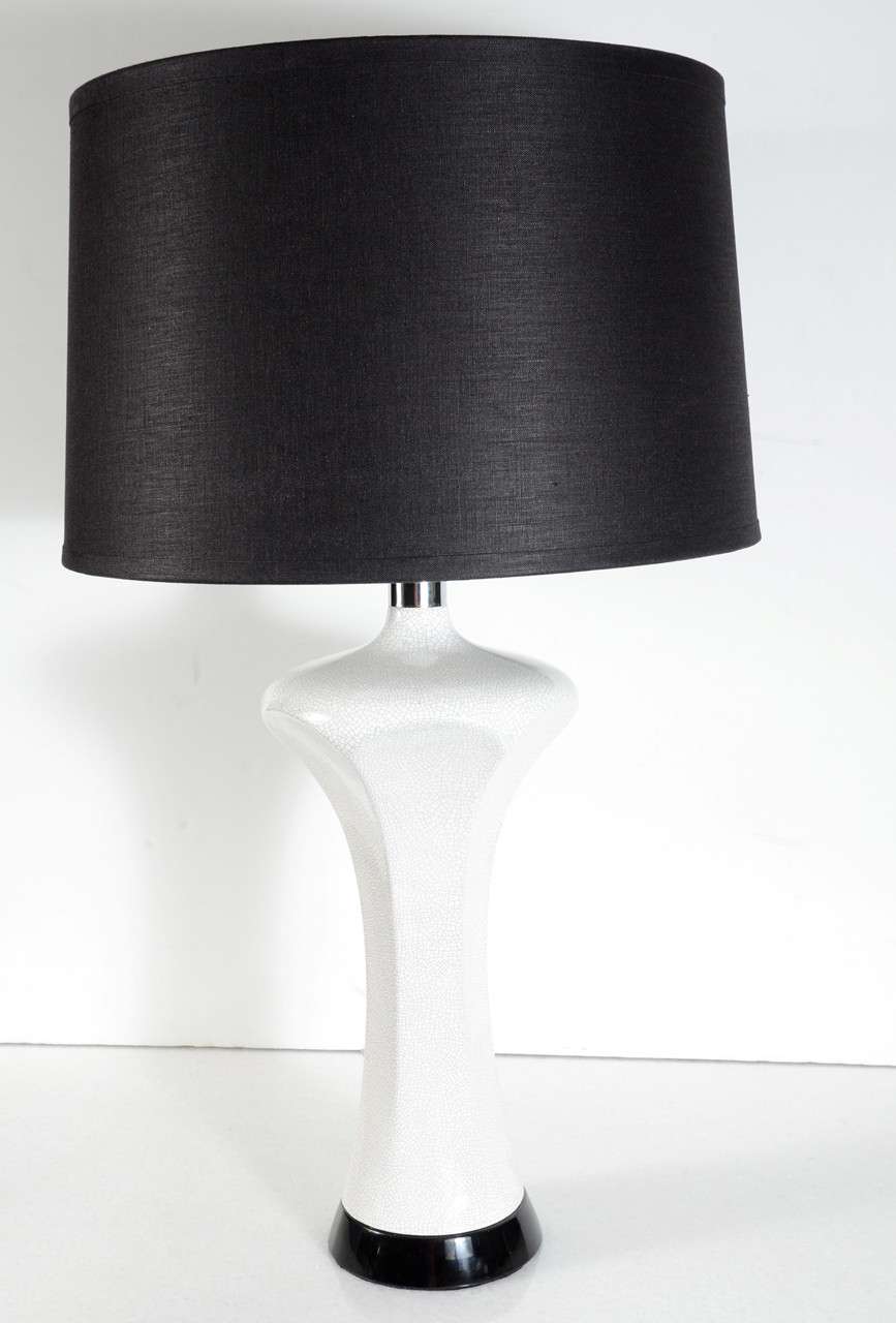 Pair of Modernist Crackle Glaze Ceramic Lamps with Ebonized Walnut Base