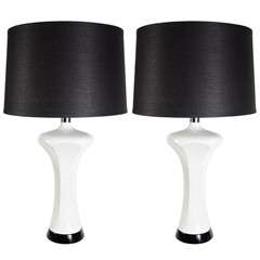 Pair of Modernist Crackle Glaze Ceramic Lamps with Ebonized Walnut Base