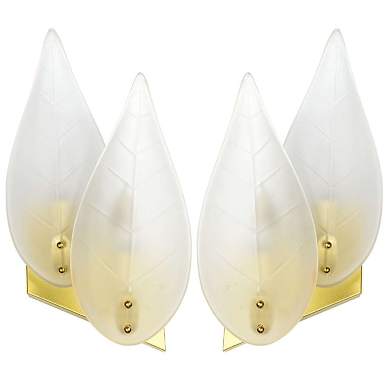 Pair of Mid-Century Modernist Stylized Leaf Frosted Glass Sconces For Sale