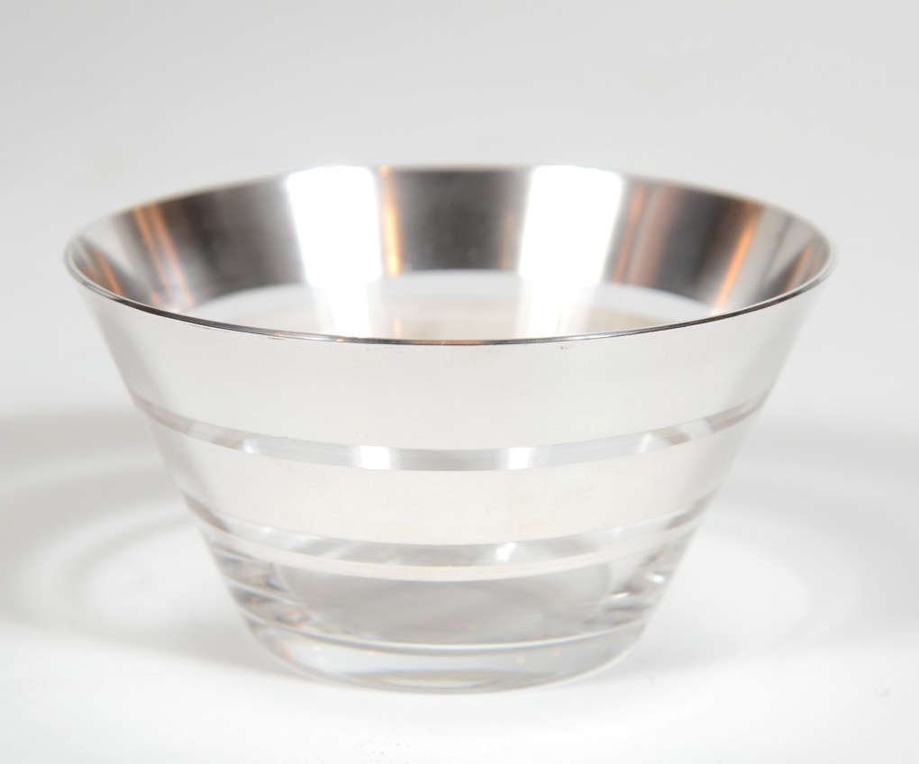 Set of Twelve Art Deco Glass Dessert Bowls with Concentric Sterling