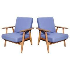 Pair of Oak and Blue Cigar Armchairs by Hans Wegner